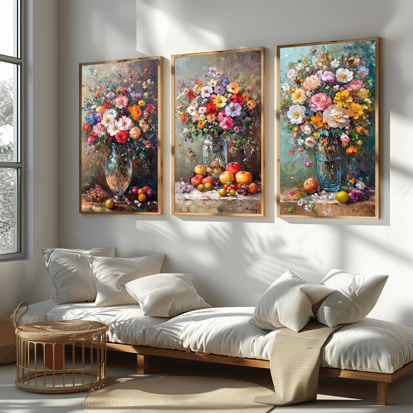 Floral Still Life Canvas Print Set: Vintage Flower Bouquet Wall Art