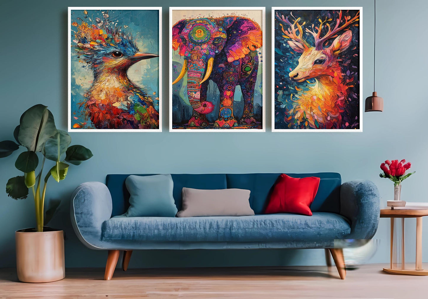 Abstract Animal Prints Set: Elephant, Deer, Bird - Colorful Wildlife Art