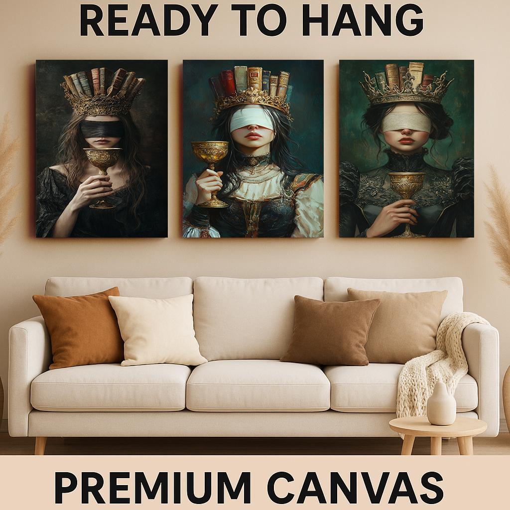 Blindfolded Book Queen Canvas Art: Dark Academia Gothic Decor, Set of 3