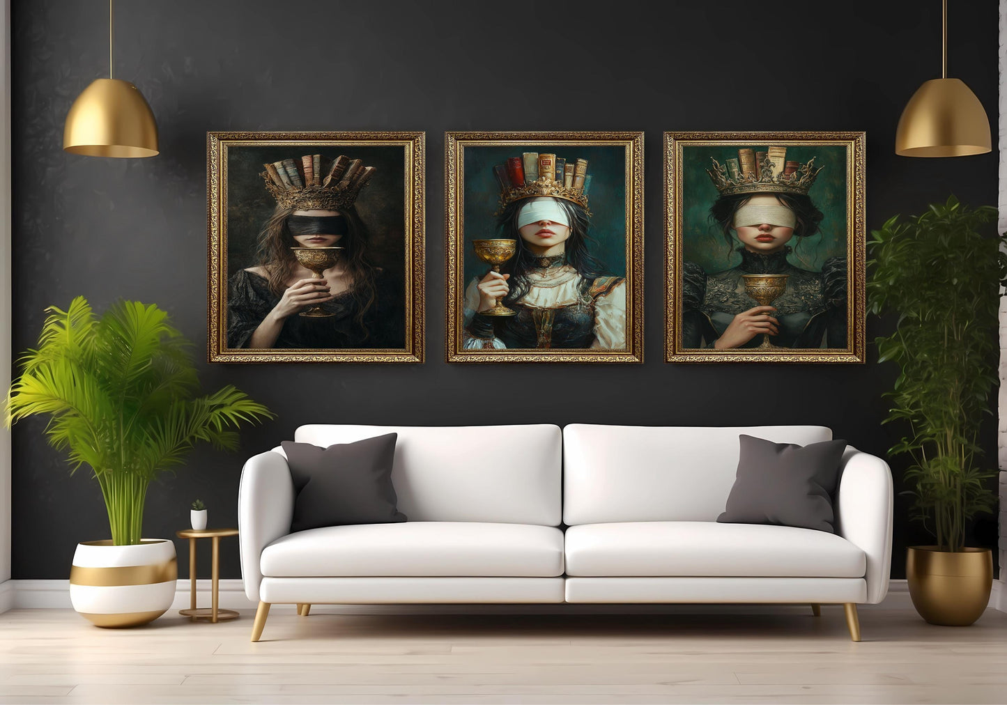 Blindfolded Book Queen Canvas Art: Dark Academia Gothic Decor, Set of 3