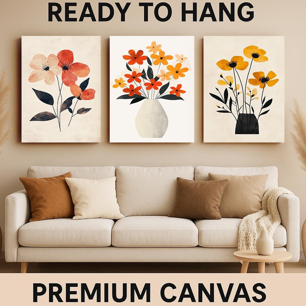 Minimalist Floral Canvas Print Set: Warm Tone Botanical Wall Art