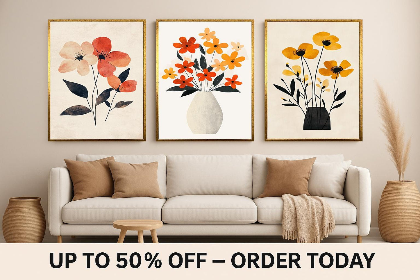 Minimalist Floral Canvas Print Set: Warm Tone Botanical Wall Art