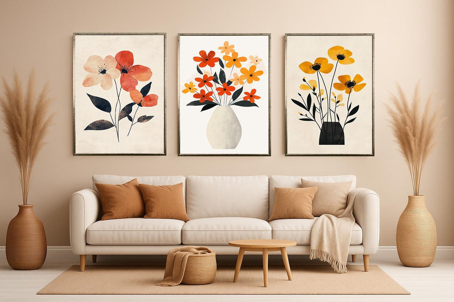Minimalist Floral Canvas Print Set: Warm Tone Botanical Wall Art