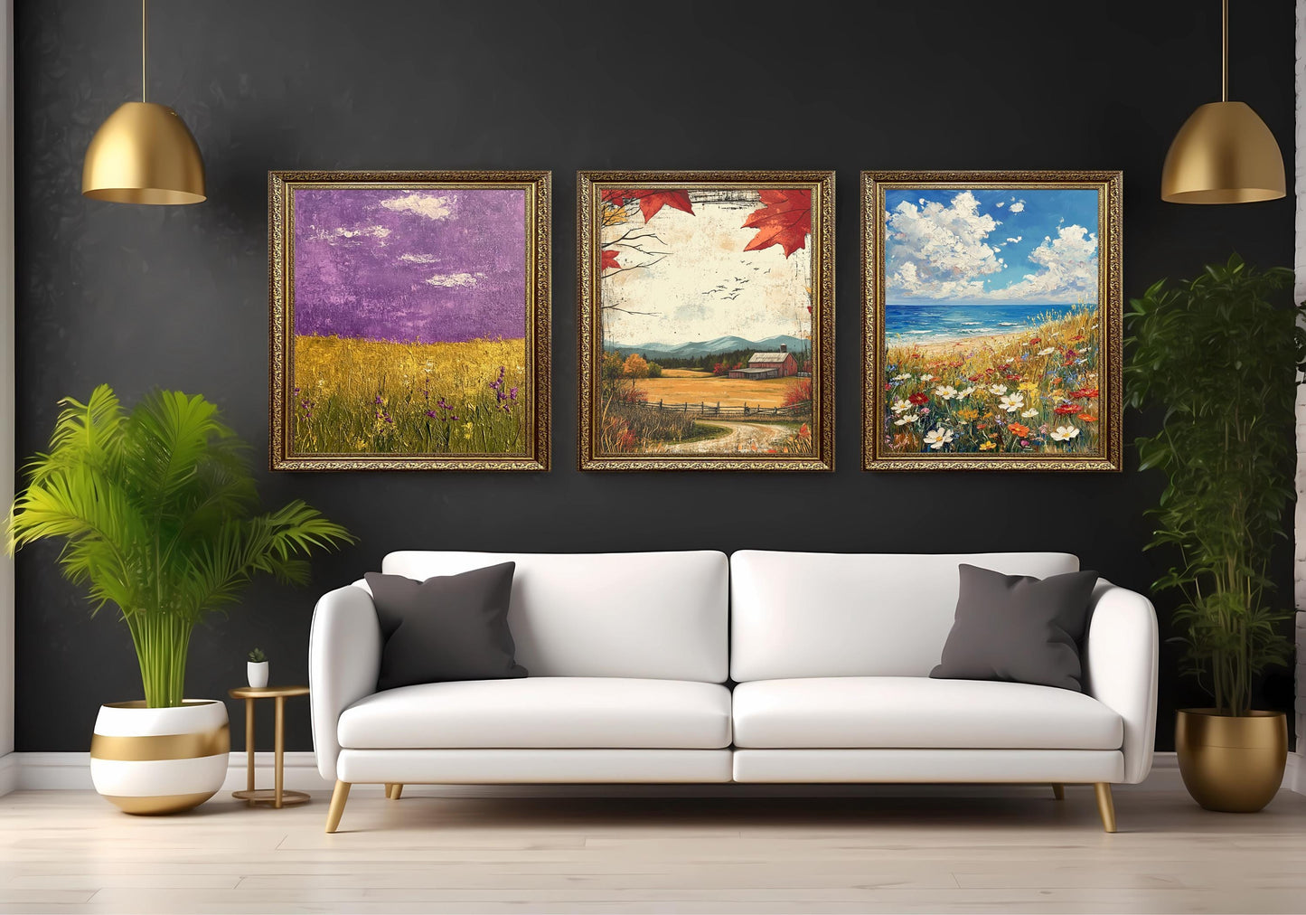 Farmhouse Landscape Art Prints Set: Rustic Fall, Coastal Wildflower, Purple Field