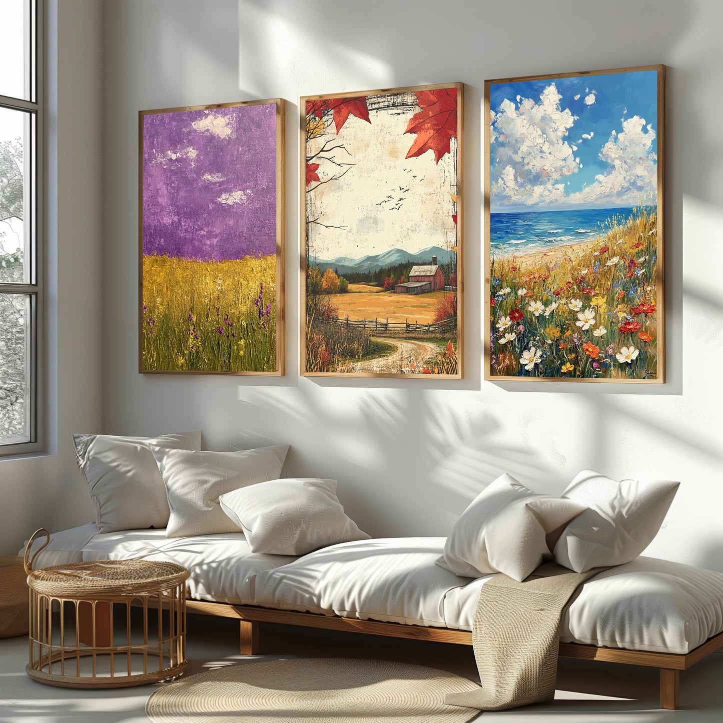 Farmhouse Landscape Art Prints Set: Rustic Fall, Coastal Wildflower, Purple Field