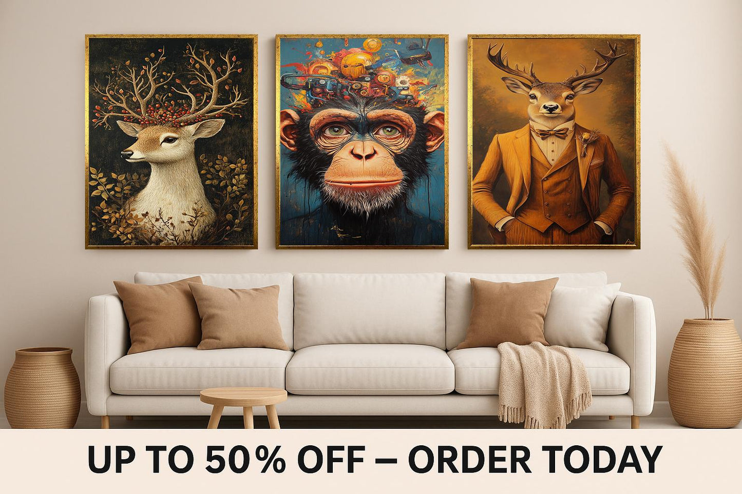 Surreal Animal Print Set: Chimpanzee Robot, Deer in Suit, Floral Stag