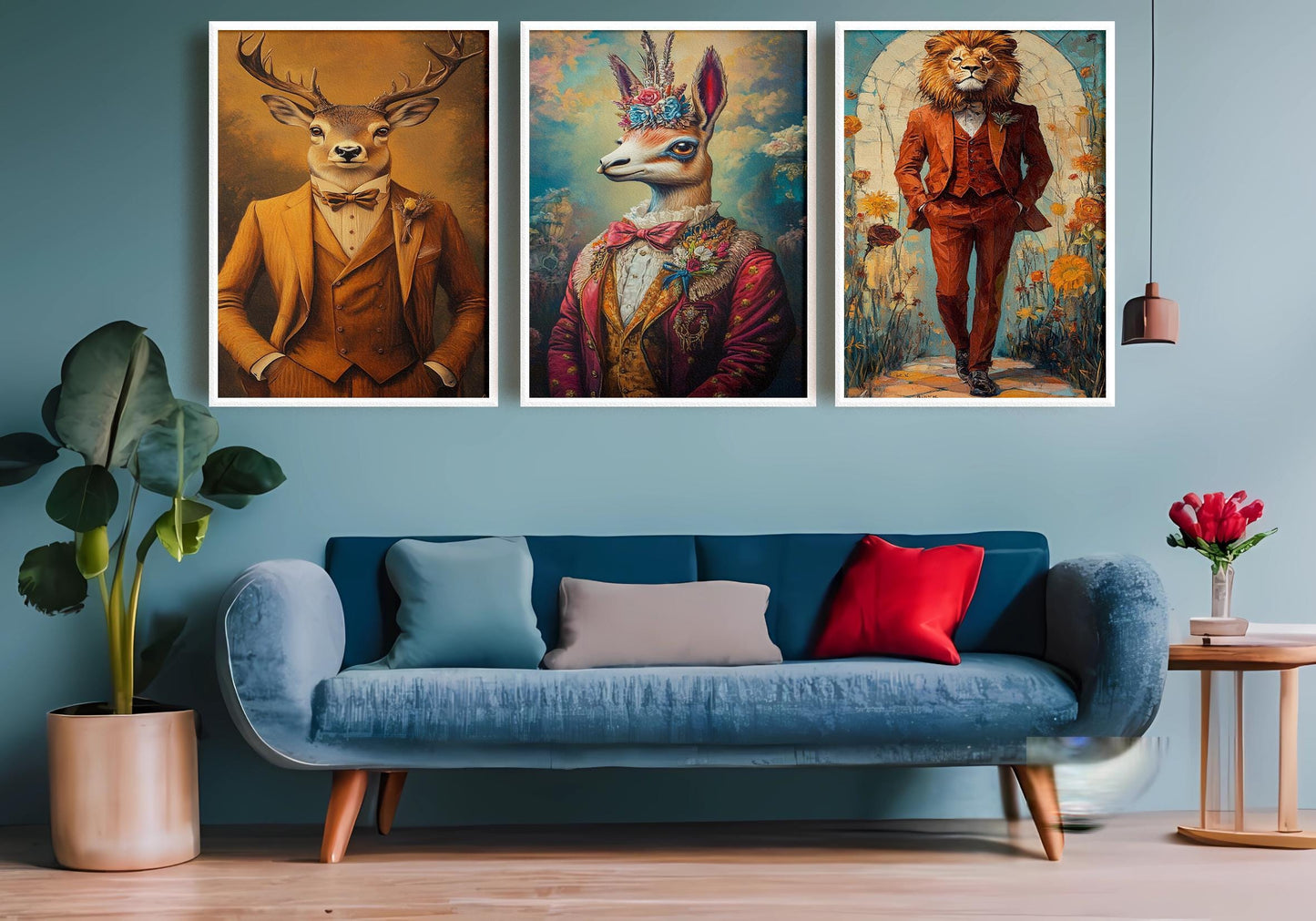 Dressed Animal Portrait Prints: Whimsical Llama, Lion, Deer Wall Art Set