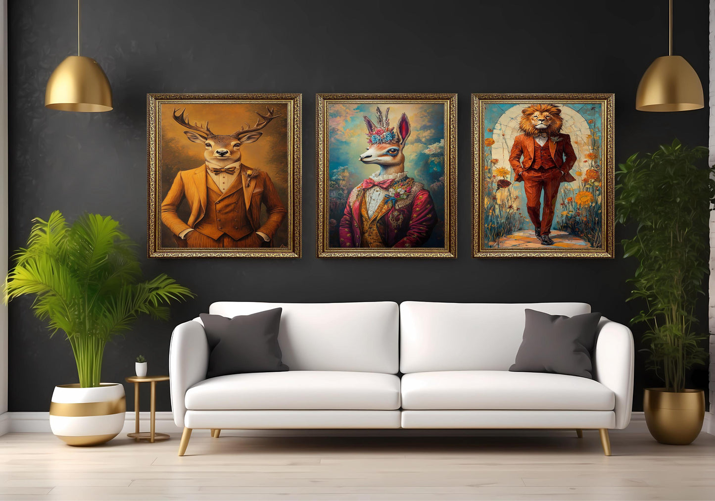 Dressed Animal Portrait Prints: Whimsical Llama, Lion, Deer Wall Art Set