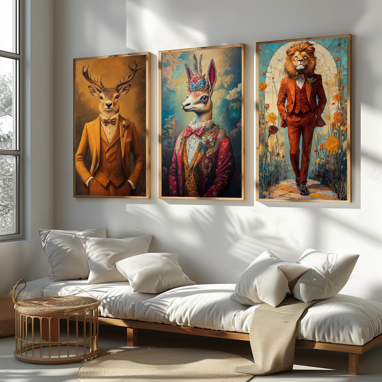 Dressed Animal Portrait Prints: Whimsical Llama, Lion, Deer Wall Art Set