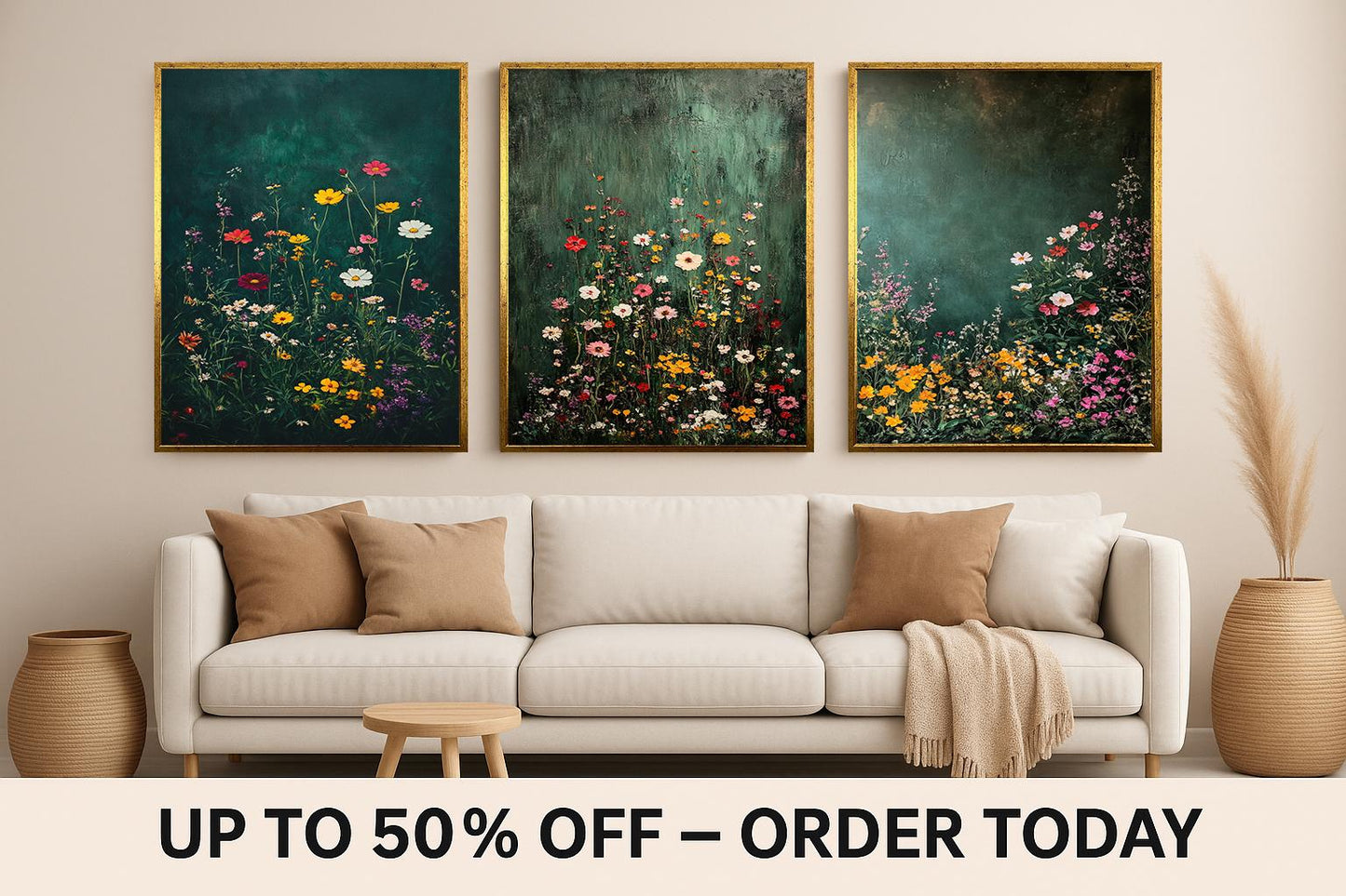 Wildflower Canvas Print Set: Botanical Garden Art, Green Textured Background