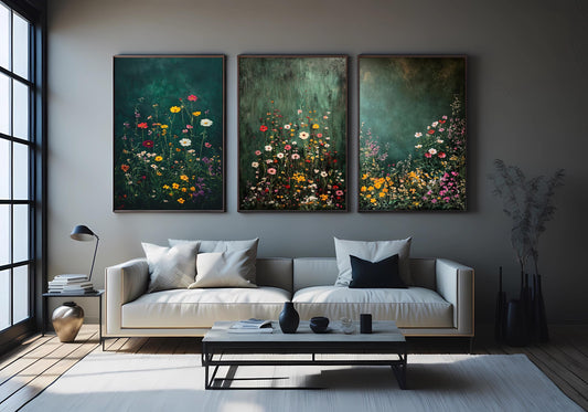 Wildflower Canvas Print Set: Botanical Garden Art, Green Textured Background