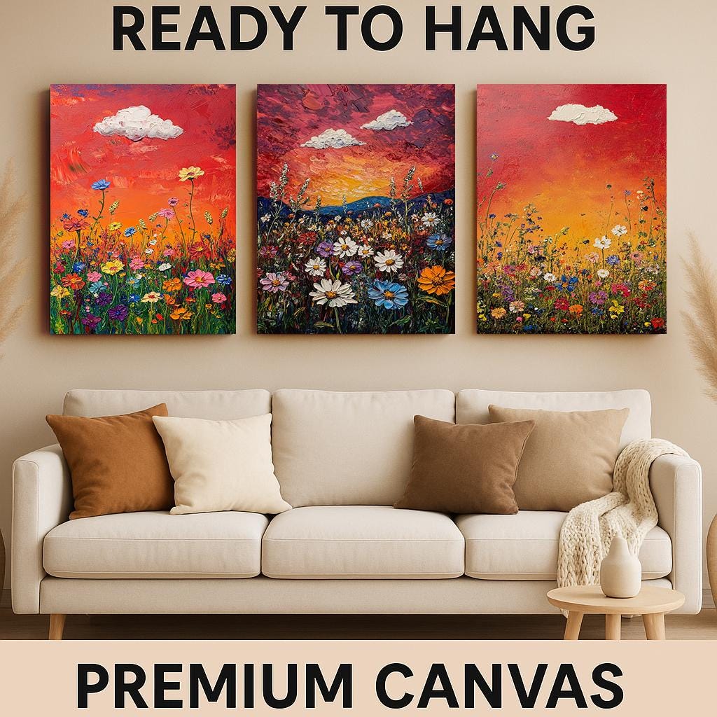 Sunset Wildflower Canvas Print Set: Textured Impressionist Floral Wall Art