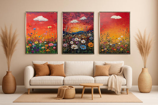 Sunset Wildflower Canvas Print Set: Textured Impressionist Floral Wall Art