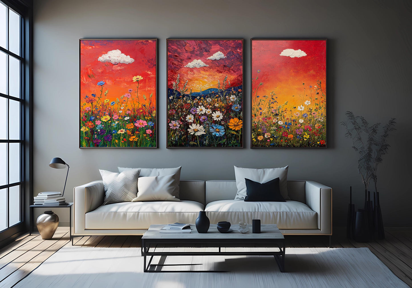 Sunset Wildflower Canvas Print Set: Textured Impressionist Floral Wall Art
