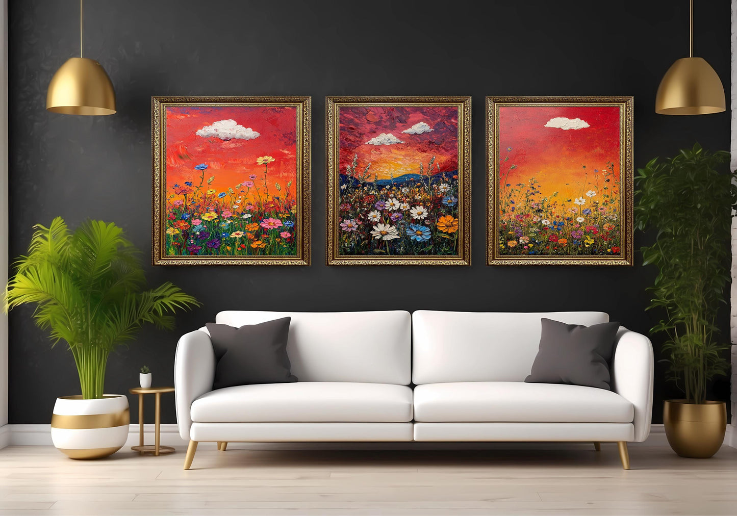 Sunset Wildflower Canvas Print Set: Textured Impressionist Floral Wall Art