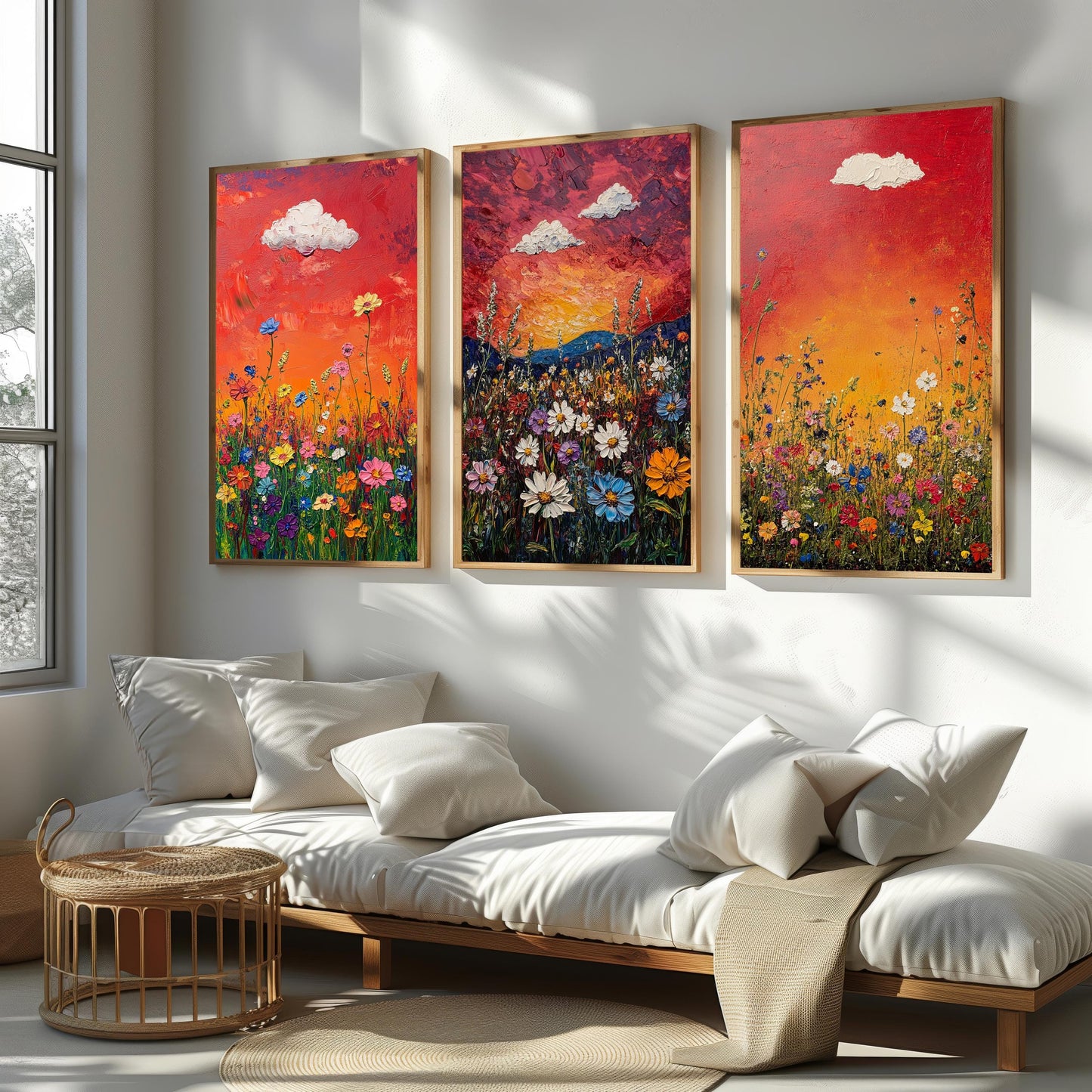 Sunset Wildflower Canvas Print Set: Textured Impressionist Floral Wall Art