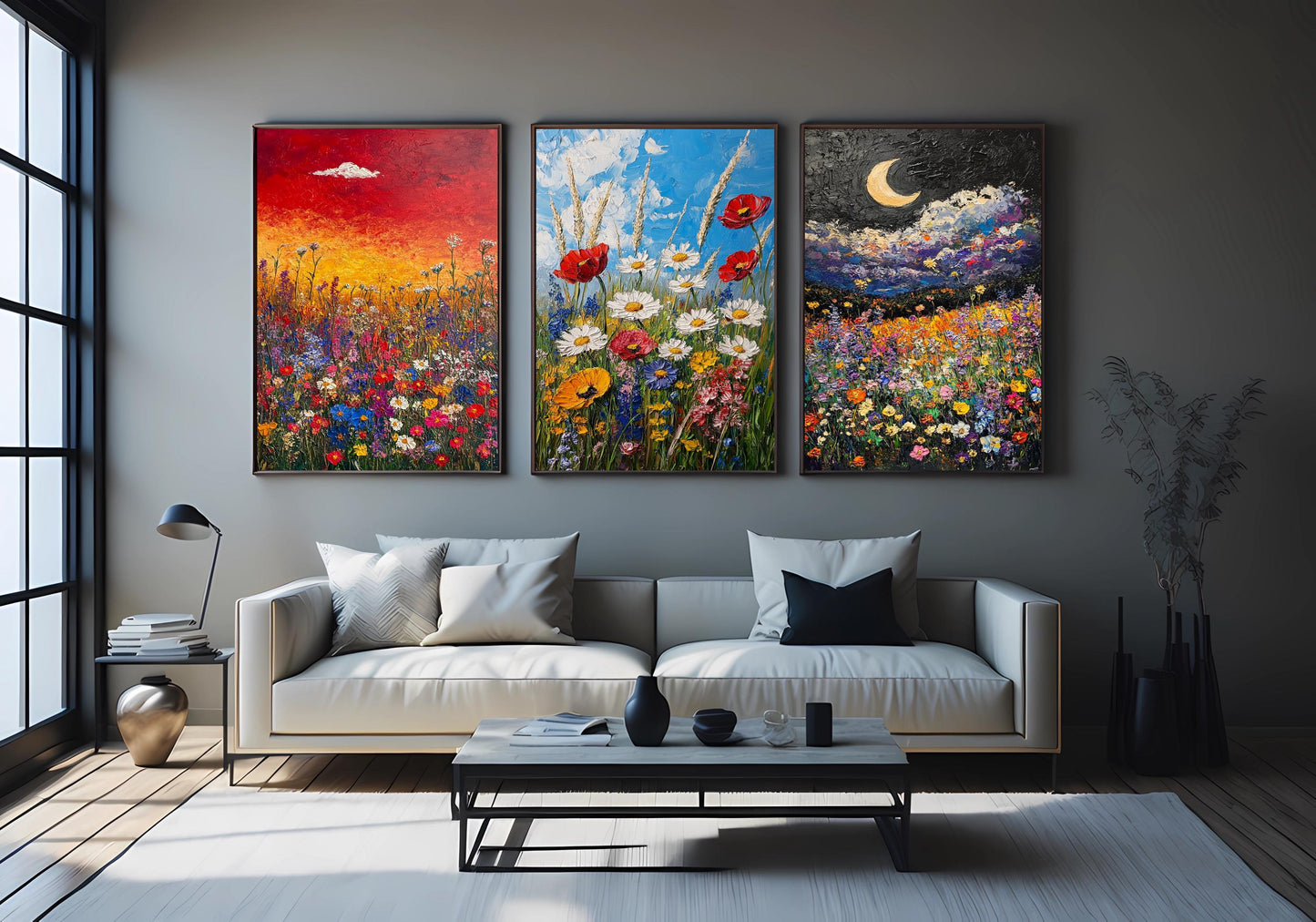 Wildflower Meadow Canvas Print Set: Textured Impasto Floral Art