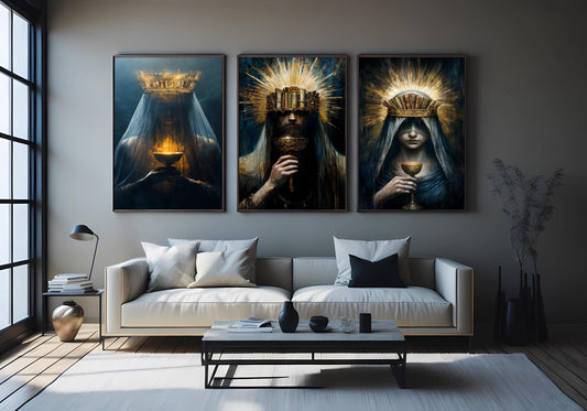 Gothic Book Crown Art: Surreal Queen with Chalice - Set of 3