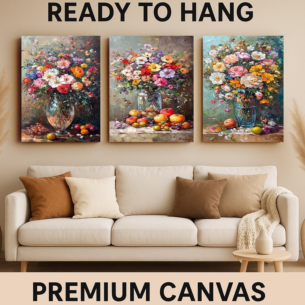 Floral Still Life Canvas Print Set: Vintage Flower Bouquet Wall Art