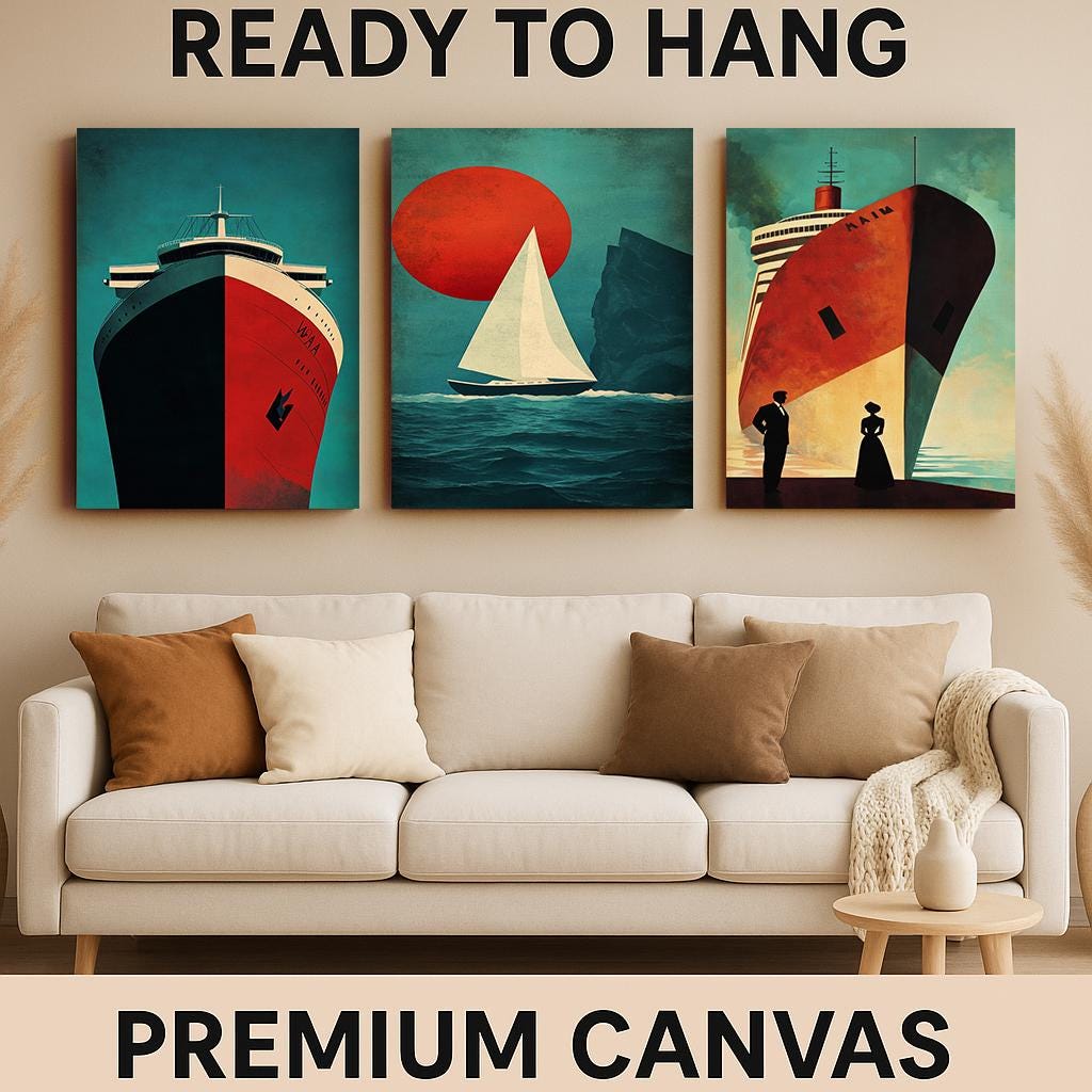 Nautical Ship Canvas Art Set: Retro Ocean Travel Posters, Coastal Home Decor