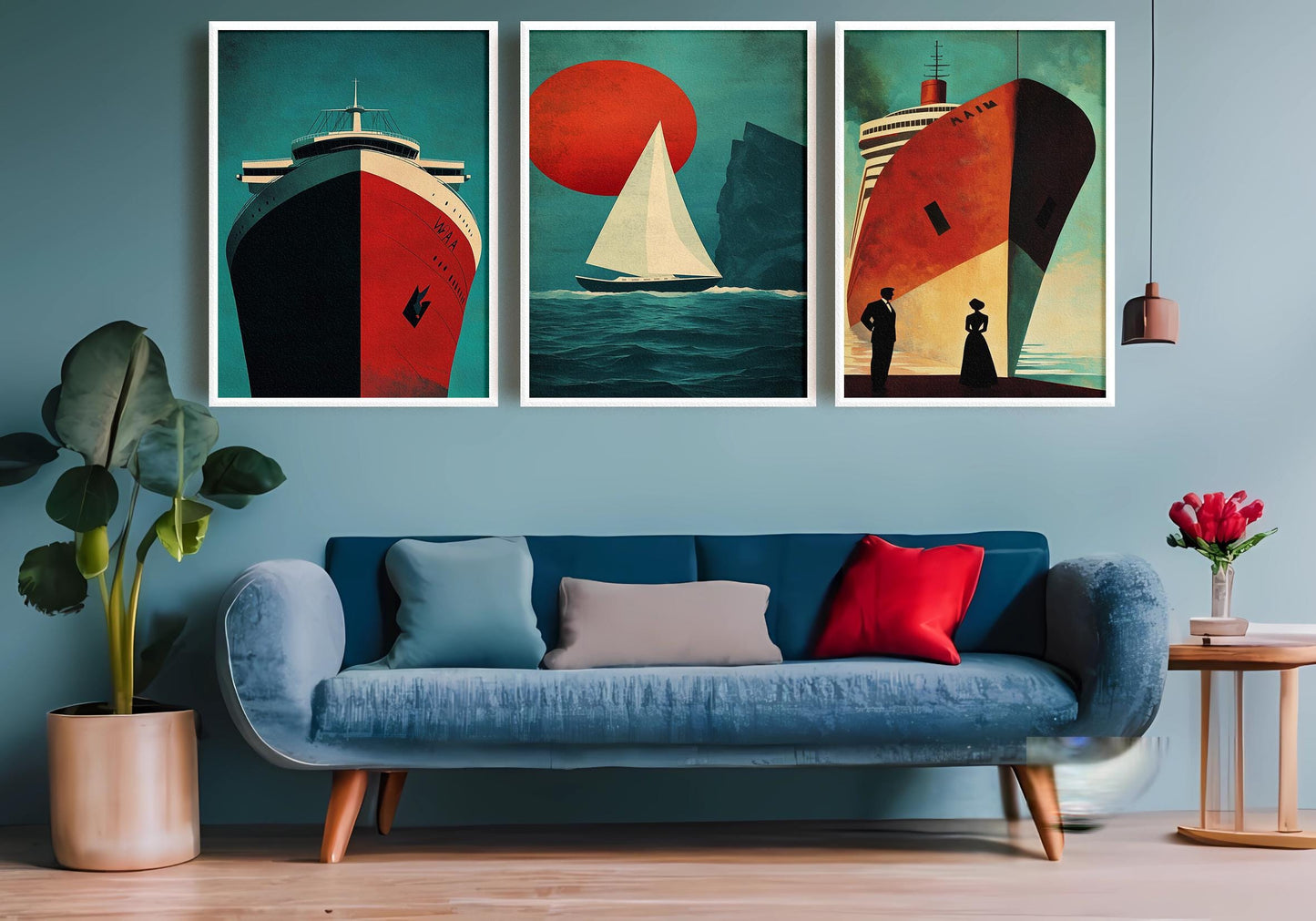 Nautical Ship Canvas Art Set: Retro Ocean Travel Posters, Coastal Home Decor