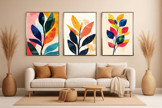 Abstract Botanical Leaf Prints: Modern Colorful Wall Art, Set of 3