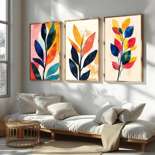 Abstract Botanical Leaf Prints: Modern Colorful Wall Art, Set of 3