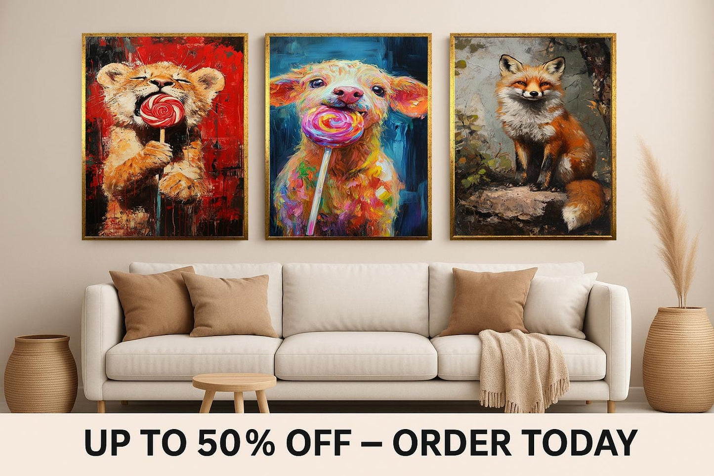 Whimsical Animal Prints Set: Fox, Lion, Puppy - Playful Nursery Decor
