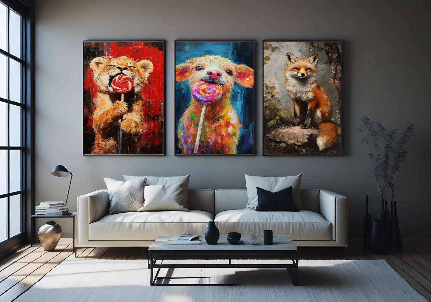 Whimsical Animal Prints Set: Fox, Lion, Puppy - Playful Nursery Decor