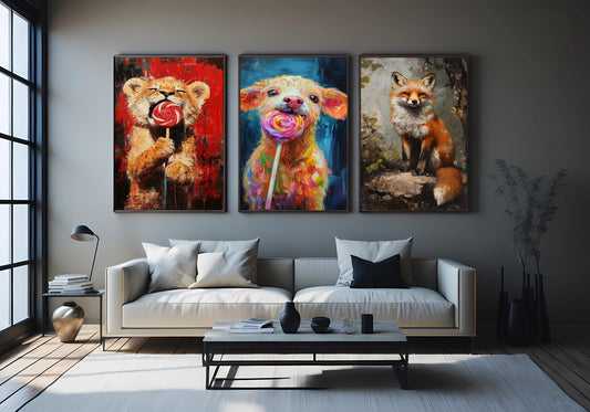 Whimsical Animal Prints Set: Fox, Lion, Puppy - Playful Nursery Decor