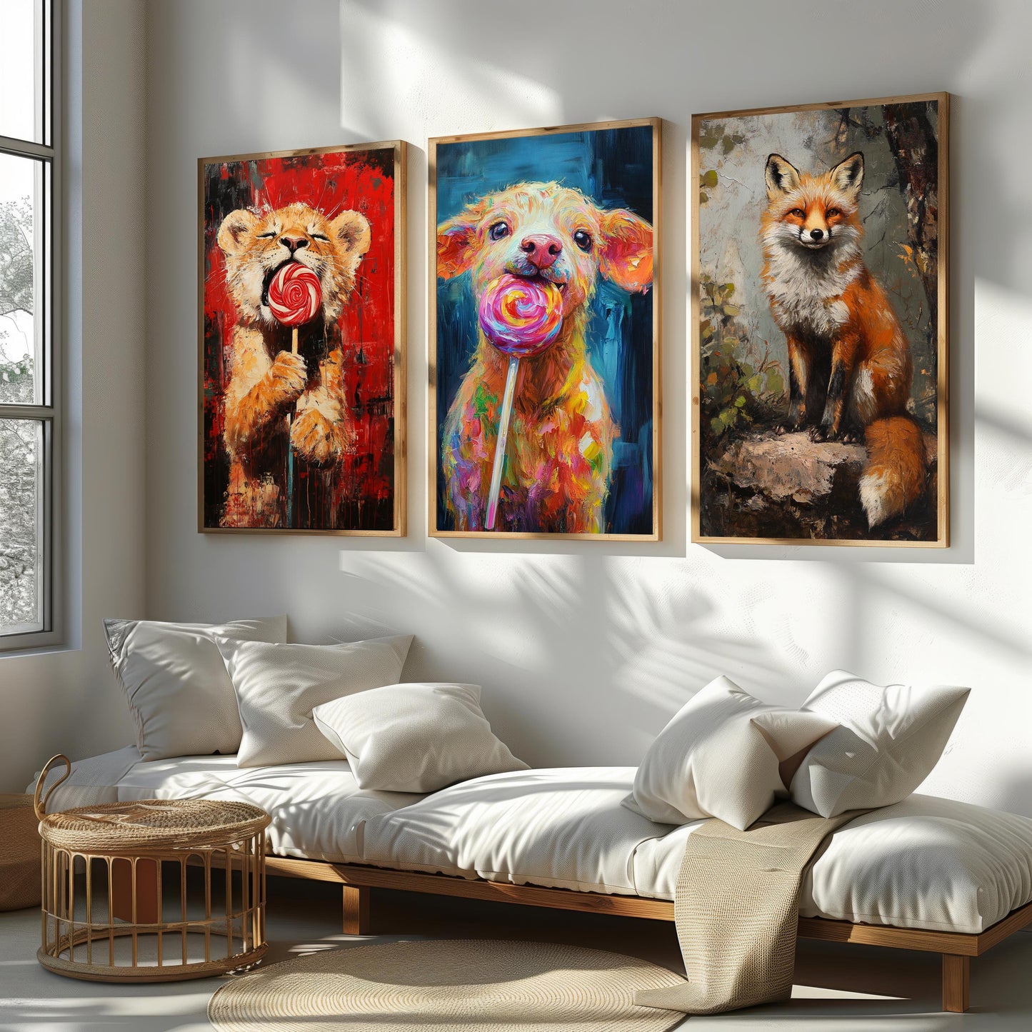 Whimsical Animal Prints Set: Fox, Lion, Puppy - Playful Nursery Decor