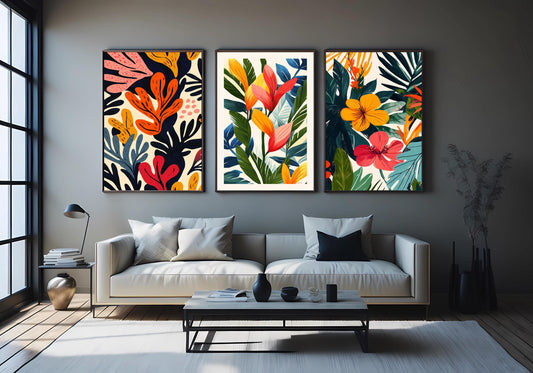 Tropical Botanical Canvas Print Set: Modern Floral Wall Art