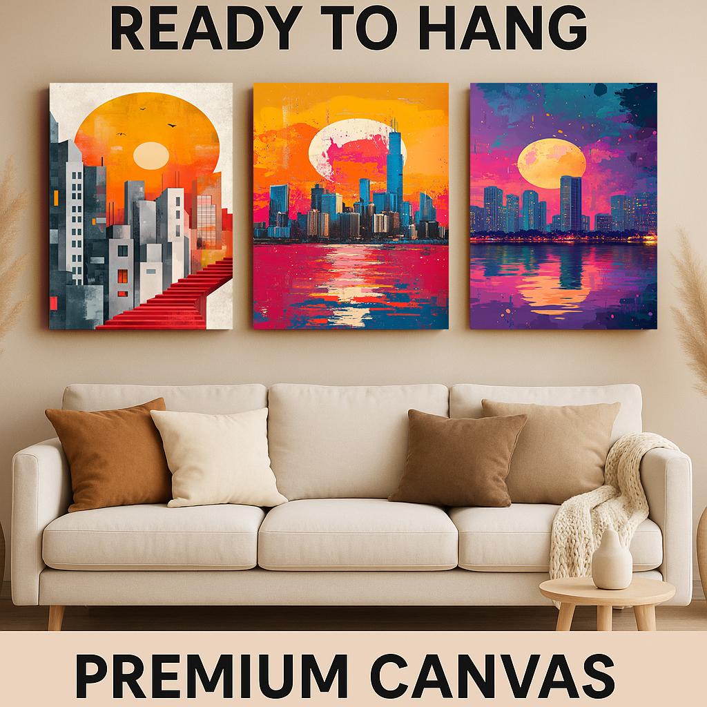 Sunset Cityscape Canvas Print Set: Modern Abstract Architecture Wall Art