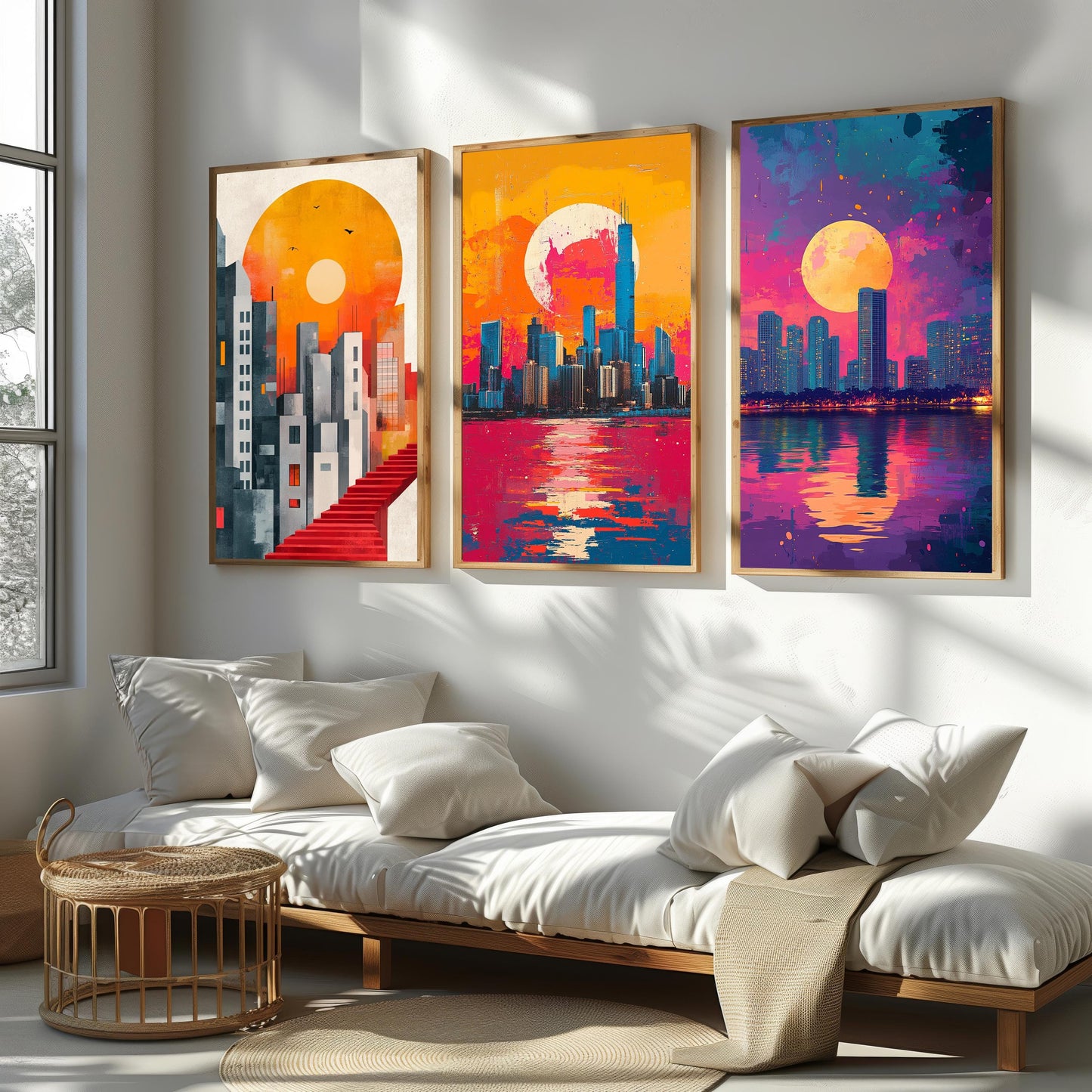 Sunset Cityscape Canvas Print Set: Modern Abstract Architecture Wall Art