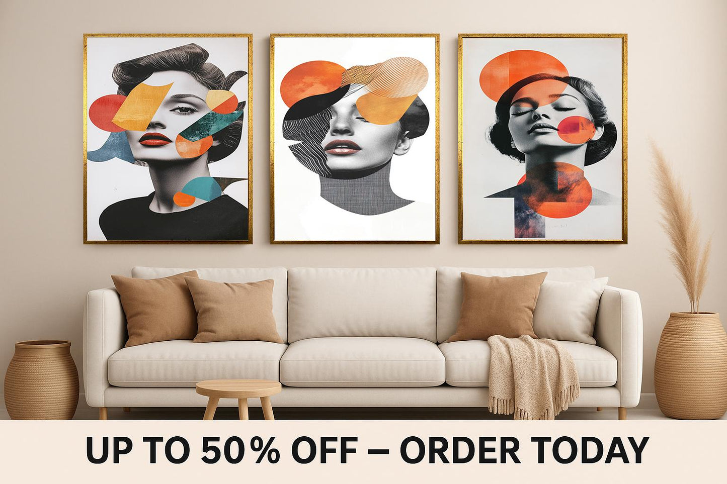 Abstract Woman Portrait Canvas Print Set: Modern Geometric Collage Wall Art