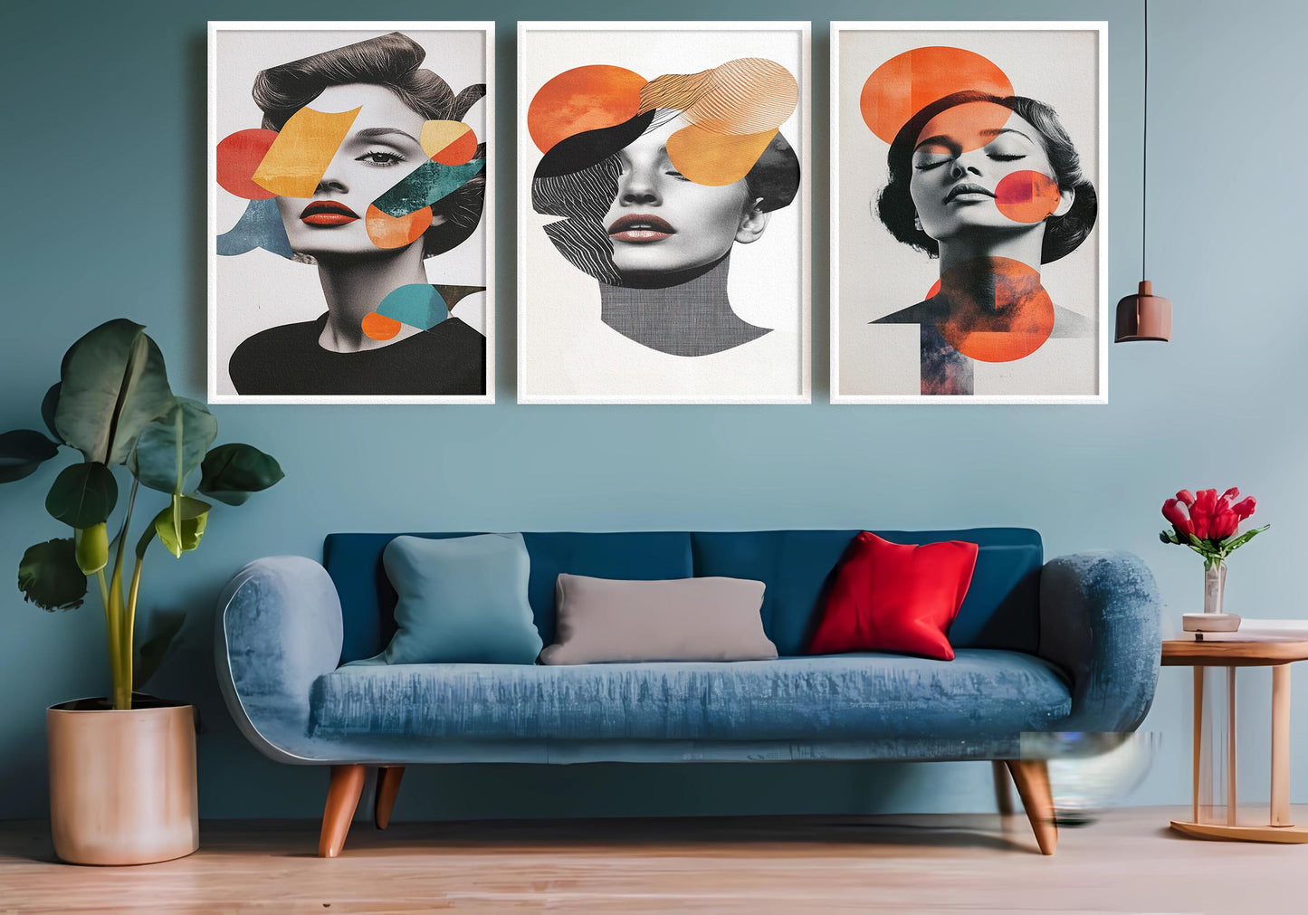 Abstract Woman Portrait Canvas Print Set: Modern Geometric Collage Wall Art