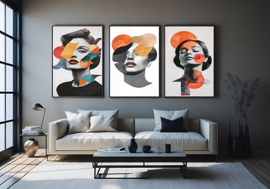 Abstract Woman Portrait Canvas Print Set: Modern Geometric Collage Wall Art