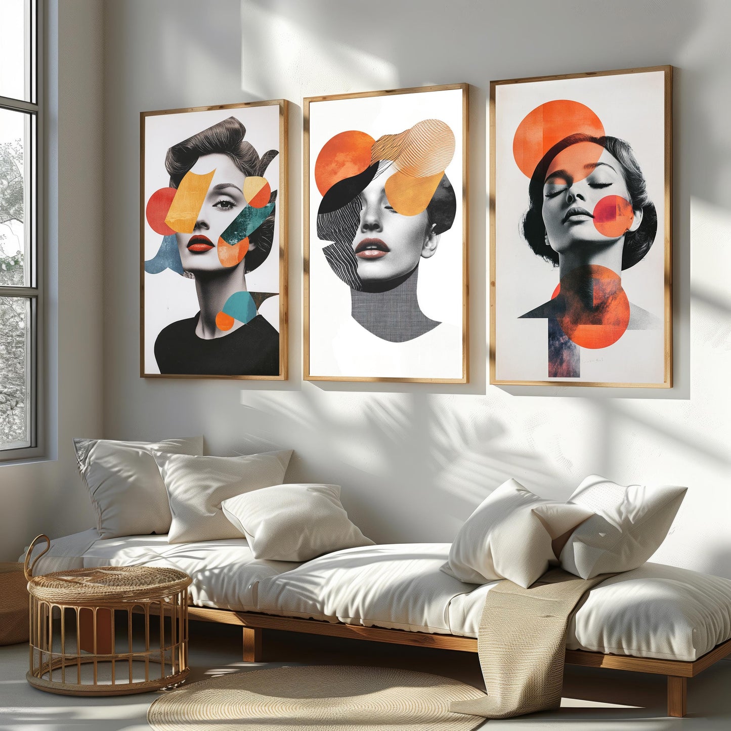 Abstract Woman Portrait Canvas Print Set: Modern Geometric Collage Wall Art