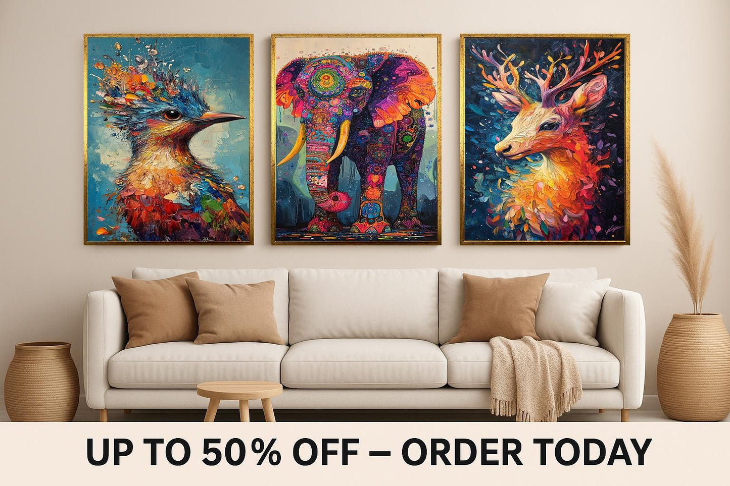 Abstract Animal Prints Set: Elephant, Deer, Bird - Colorful Wildlife Art
