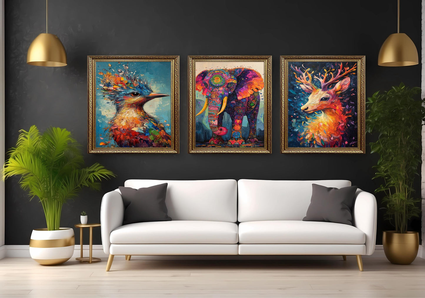 Abstract Animal Prints Set: Elephant, Deer, Bird - Colorful Wildlife Art