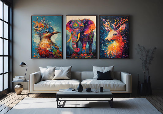 Abstract Animal Prints Set: Elephant, Deer, Bird - Colorful Wildlife Art