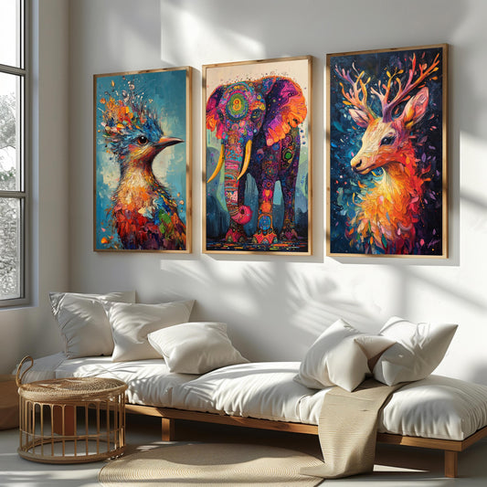 Abstract Animal Prints Set: Elephant, Deer, Bird - Colorful Wildlife Art