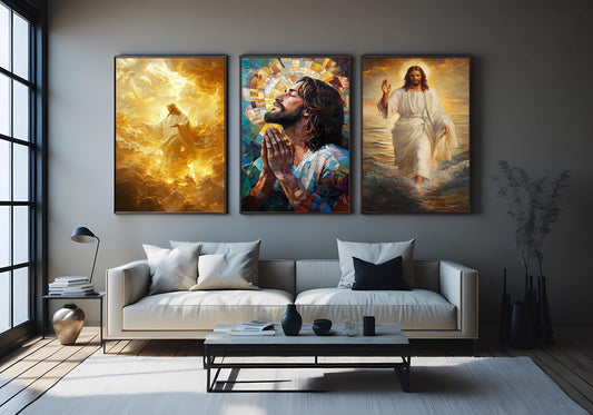 Jesus Christ Canvas Print Set: Ascension, Prayer, Walking on Water