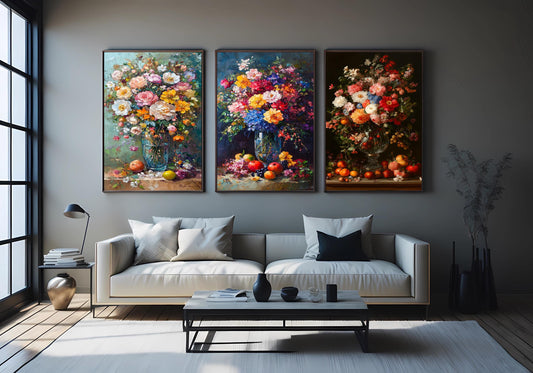Floral Still Life Canvas Print Set: Vintage Flower & Fruit Vase Art