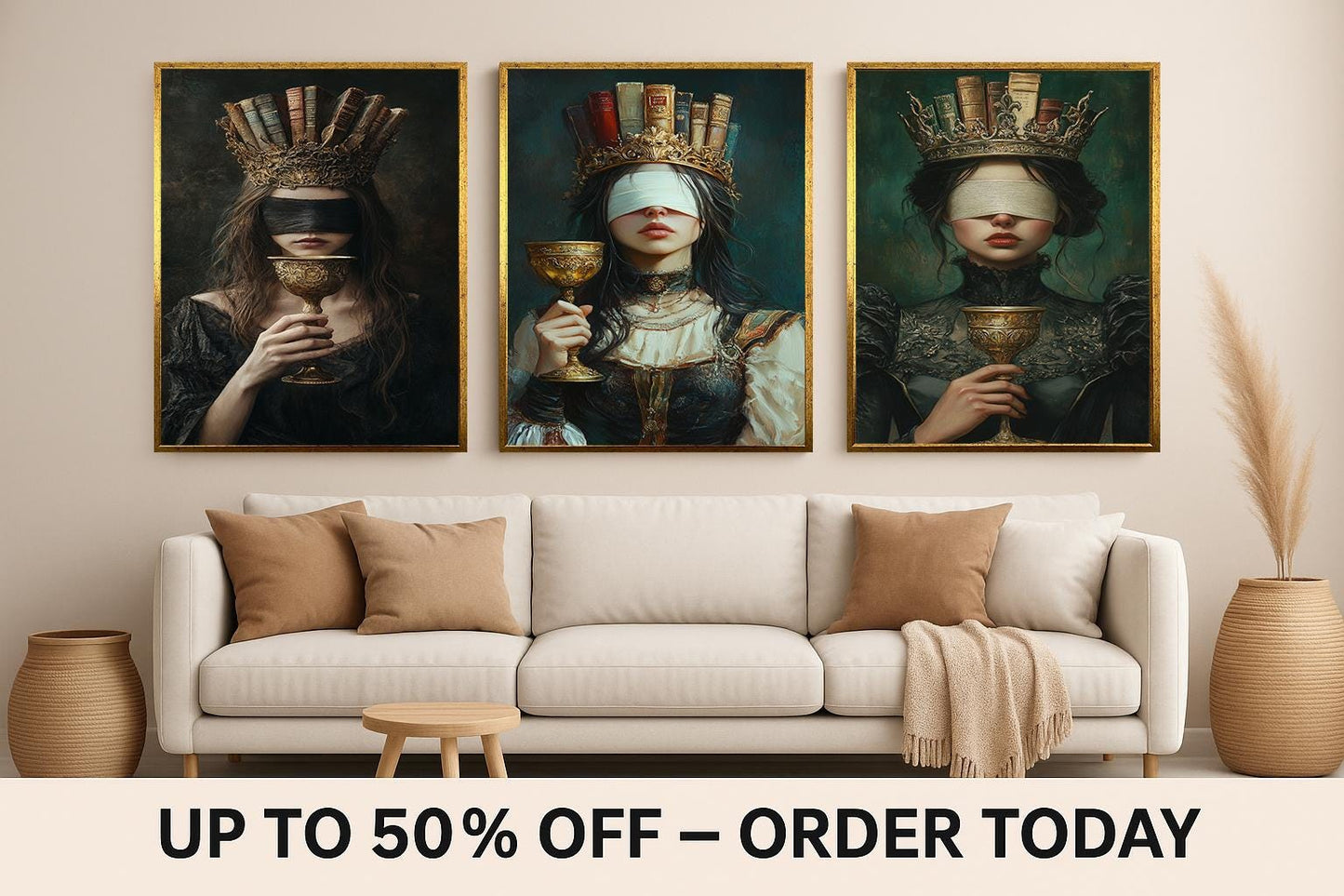 Blindfolded Book Queen Canvas Art: Dark Academia Gothic Decor, Set of 3