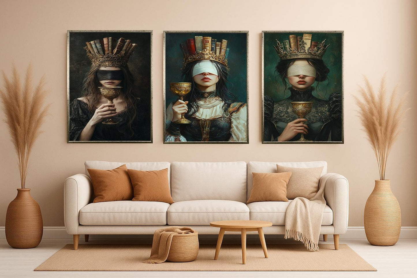 Blindfolded Book Queen Canvas Art: Dark Academia Gothic Decor, Set of 3