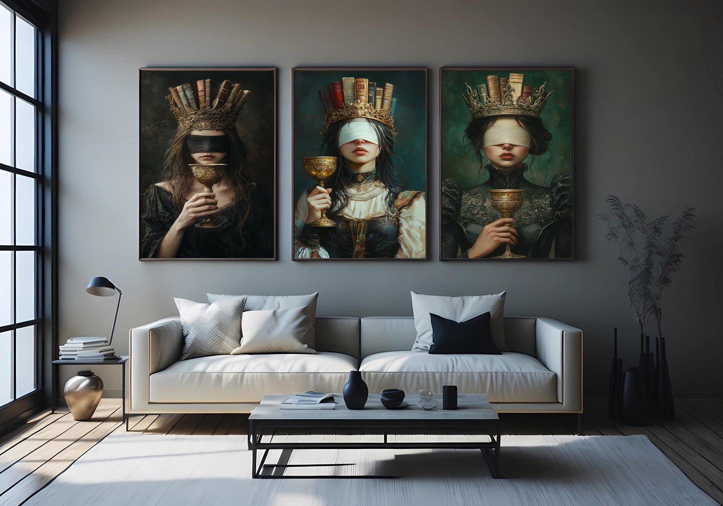 Blindfolded Book Queen Canvas Art: Dark Academia Gothic Decor, Set of 3
