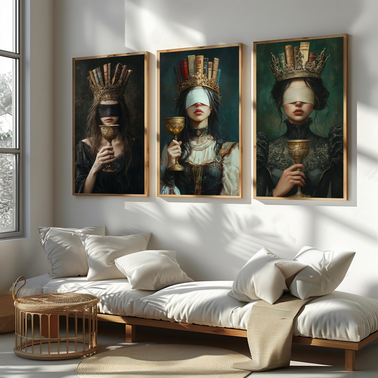 Blindfolded Book Queen Canvas Art: Dark Academia Gothic Decor, Set of 3