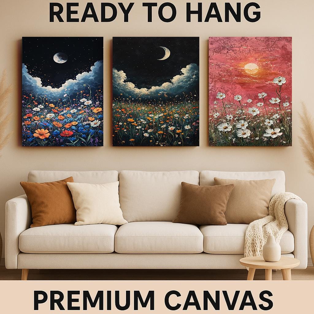 Wildflower Sunset Canvas Print Set: Moonlit Floral Landscape Wall Art