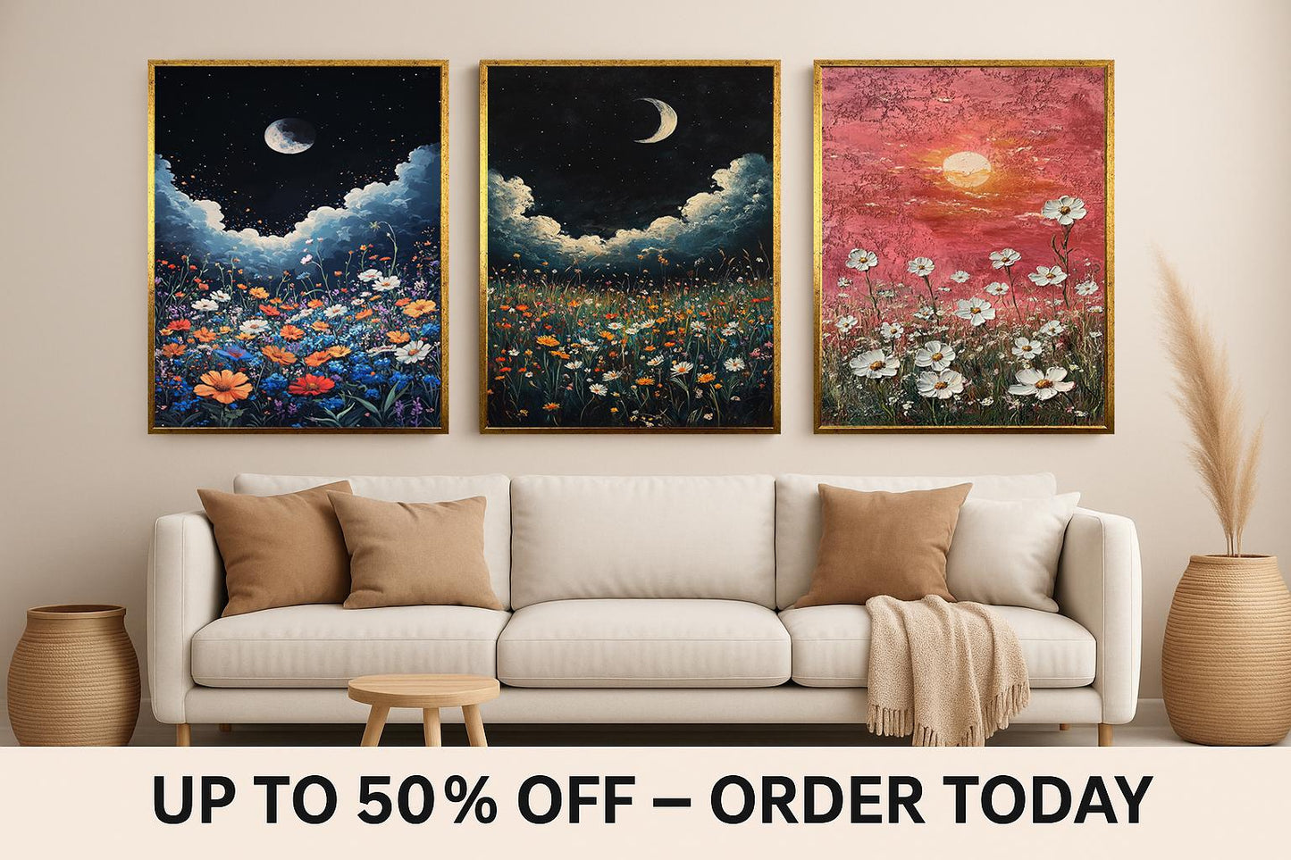 Wildflower Sunset Canvas Print Set: Moonlit Floral Landscape Wall Art